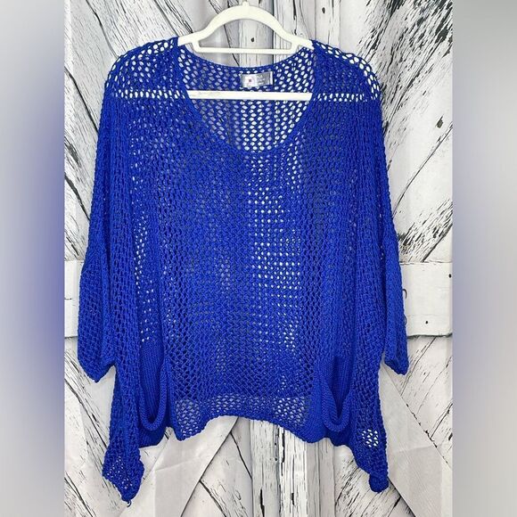 Tina Stephens Made in Italy Boatneck Sweater Top Open Weave Blue OS - Picture 2 of 6